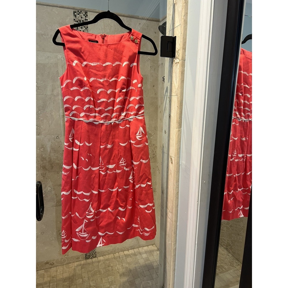 Talbots Women's coral nautical wave sailboat Fit & Flare dress Lined Xs 2 Pocket